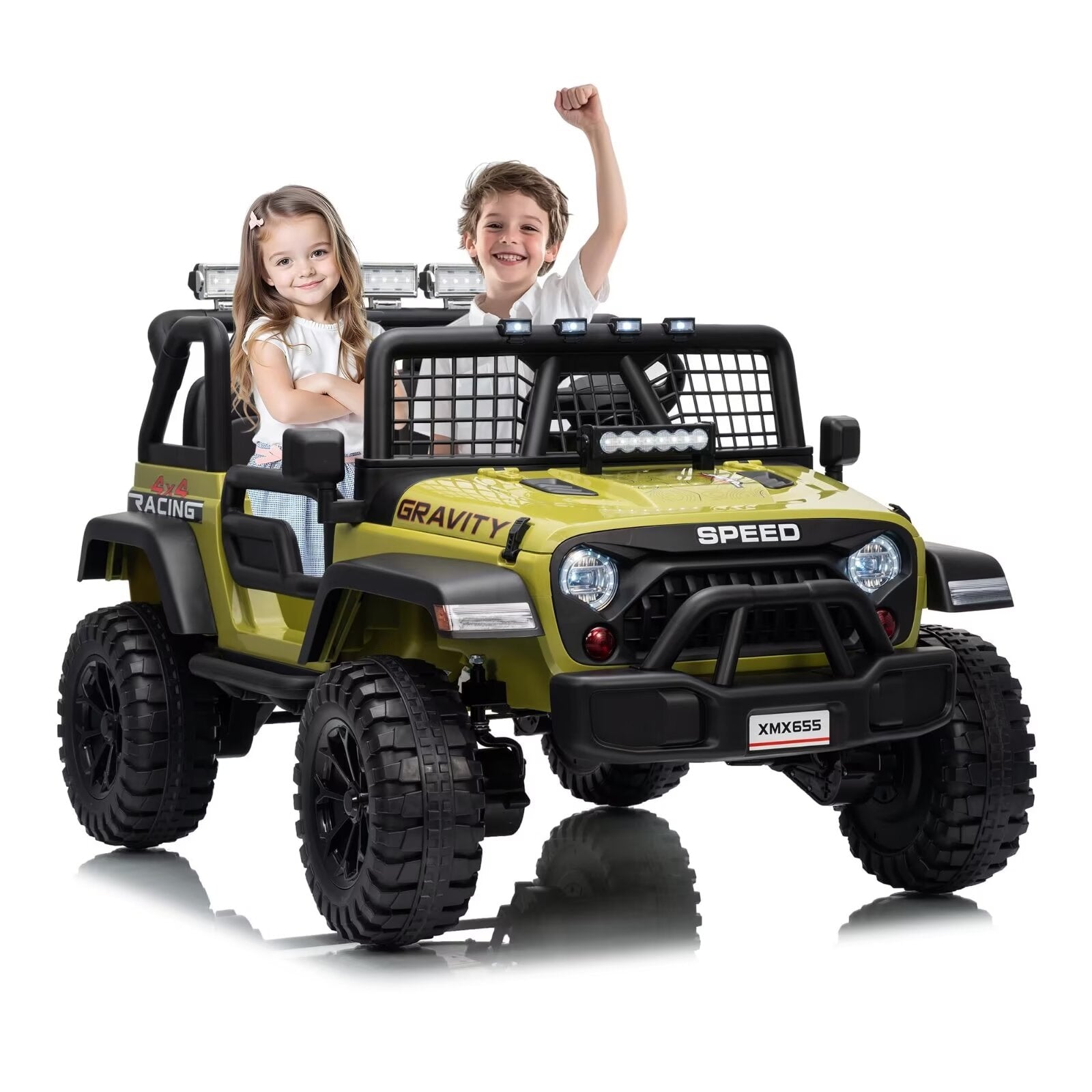 Garvee 24V 2 Seater Ride on Car for Kids 4WD Electric Truck Parent Remote Control Spring Suspension LED Headlight Music Player for Ages 3-8 Years Green