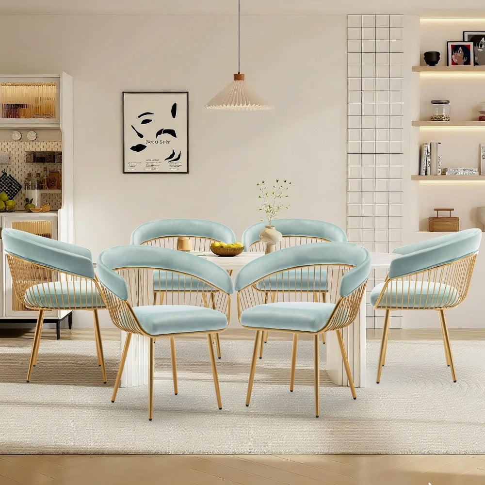 DYHOME Mid Century Modern Upholstered Dining Chair Set of 6 with Metal Legs and Hollow Back for Makeup Living Room Light Blue