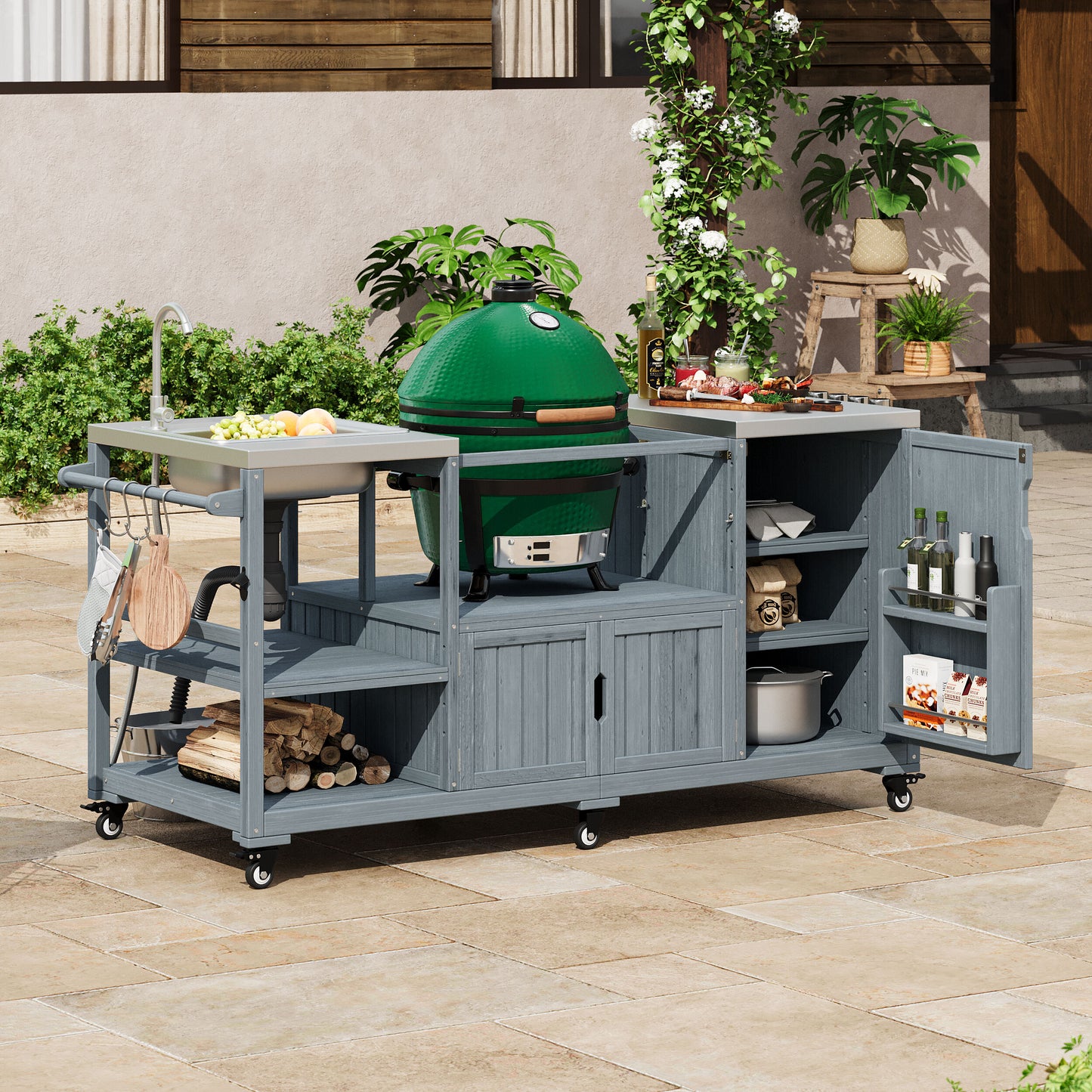 ModernLuxe 75.4inch Outdoor Kitchen Island with Sink Solid Wood Outdoor Grill Cart for Big Green Egg Grills Rolling Outdoor Bar Cart with Stainless Steel Top for Pizza Prep  BBQ Grey Blue