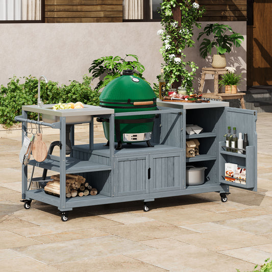 ModernLuxe 75.4inch Outdoor Kitchen Island with Sink Solid Wood Outdoor Grill Cart for Big Green Egg Grills Rolling Outdoor Bar Cart with Stainless Steel Top for Pizza Prep  BBQ Grey Blue