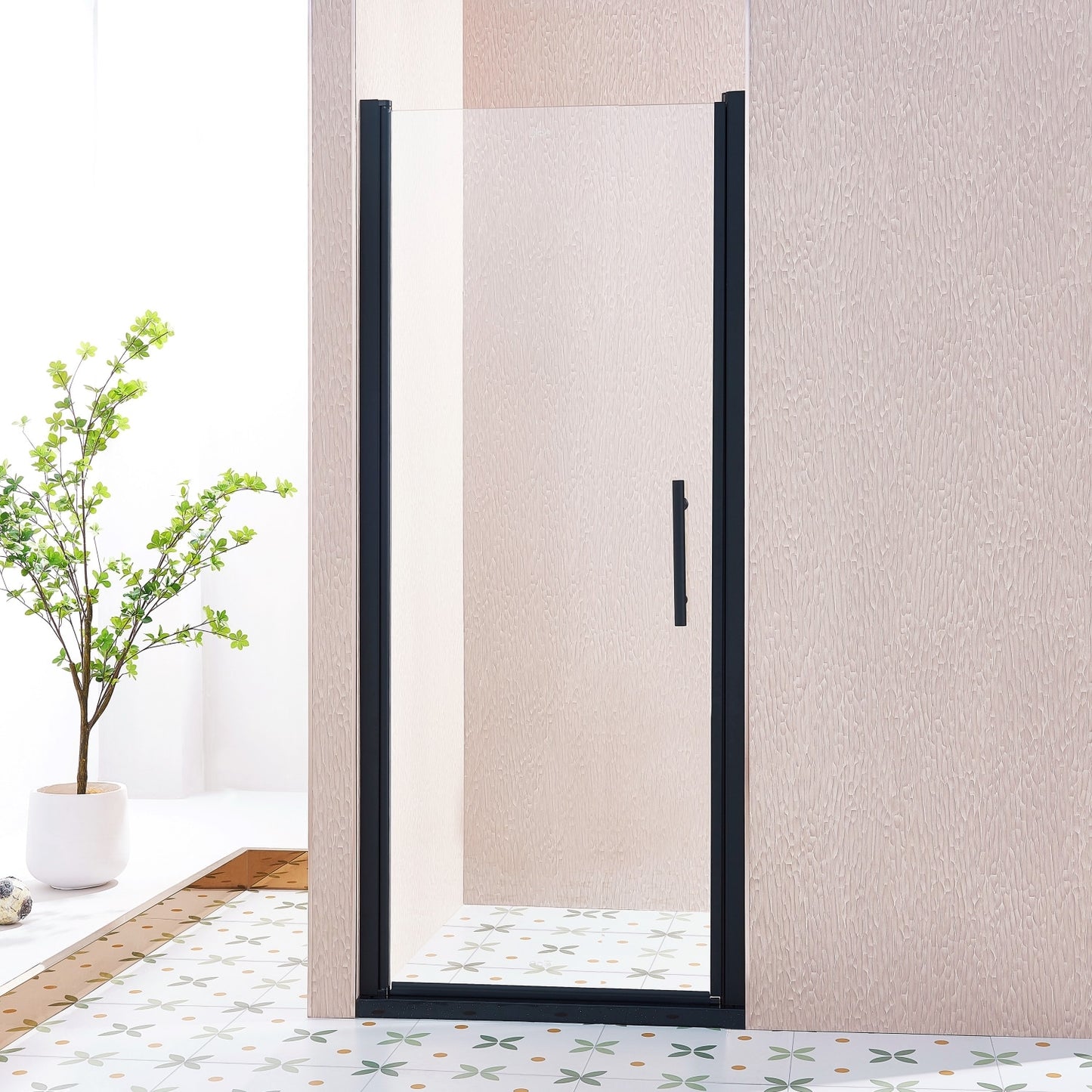 REIBII 32-33.5inW x 75inH Pivot  Shower Door Tempered Glass Shower Door with 1/4in Clear Glass Matte Black Aluminium Alloy