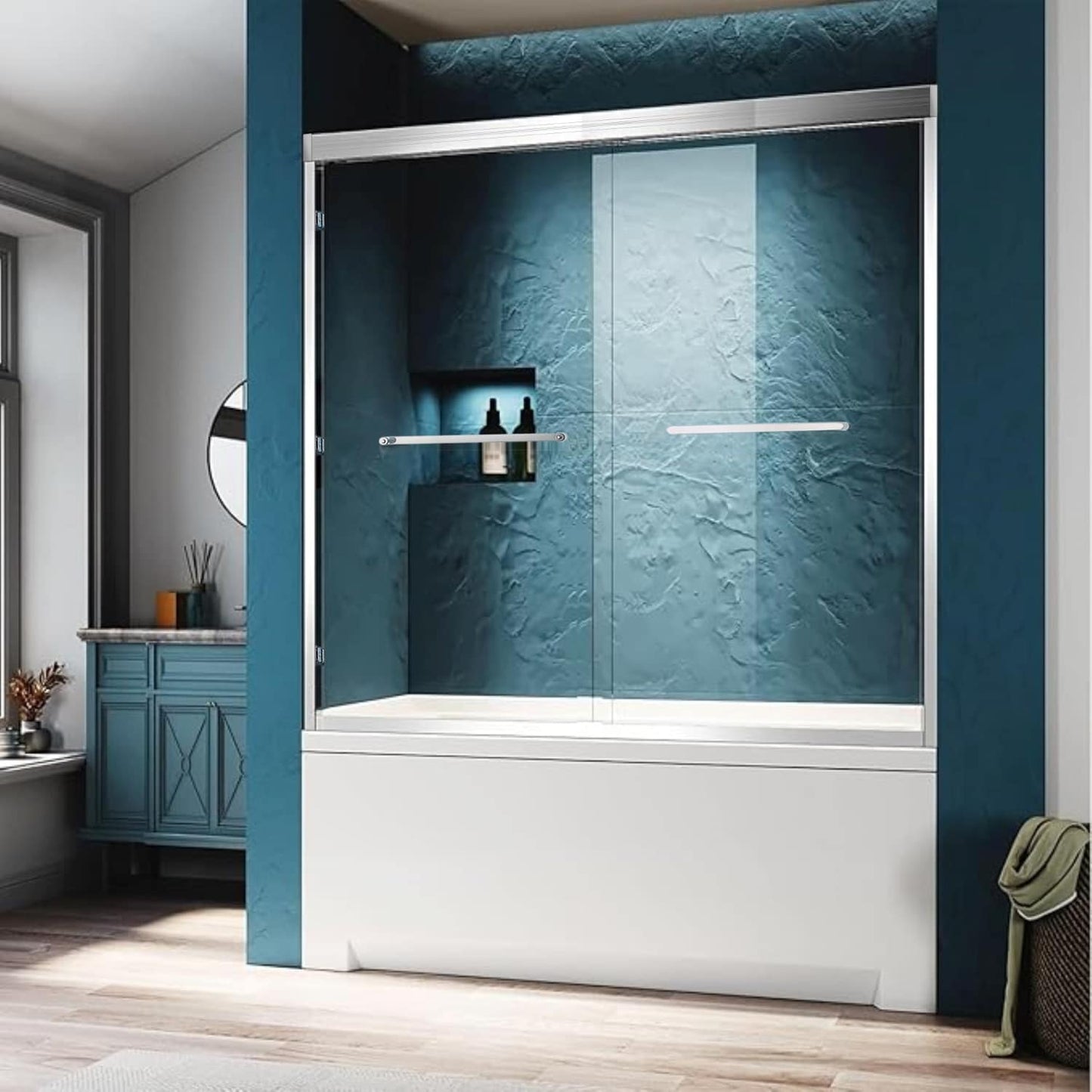 REIBII 56-60inW x 60inH Chrome Double Sliding Tub Shower Doors Aluminium Frame 1/4in Tempered Glass