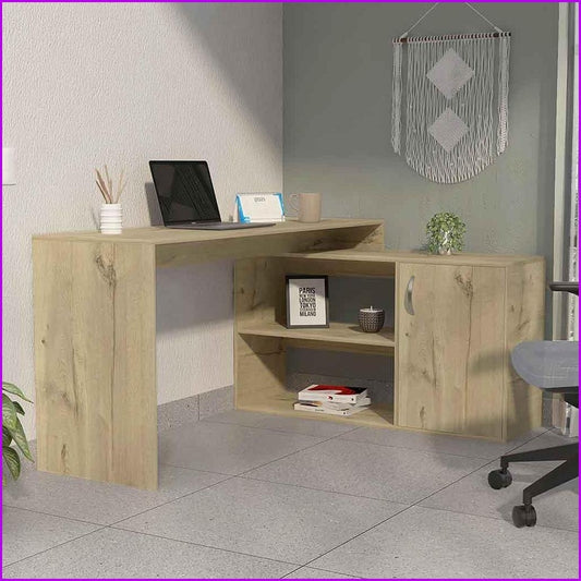 SunJet Desks Dallas L Shaped Home Office Desk with Shelves and Cabinet Light Oak Particle Board