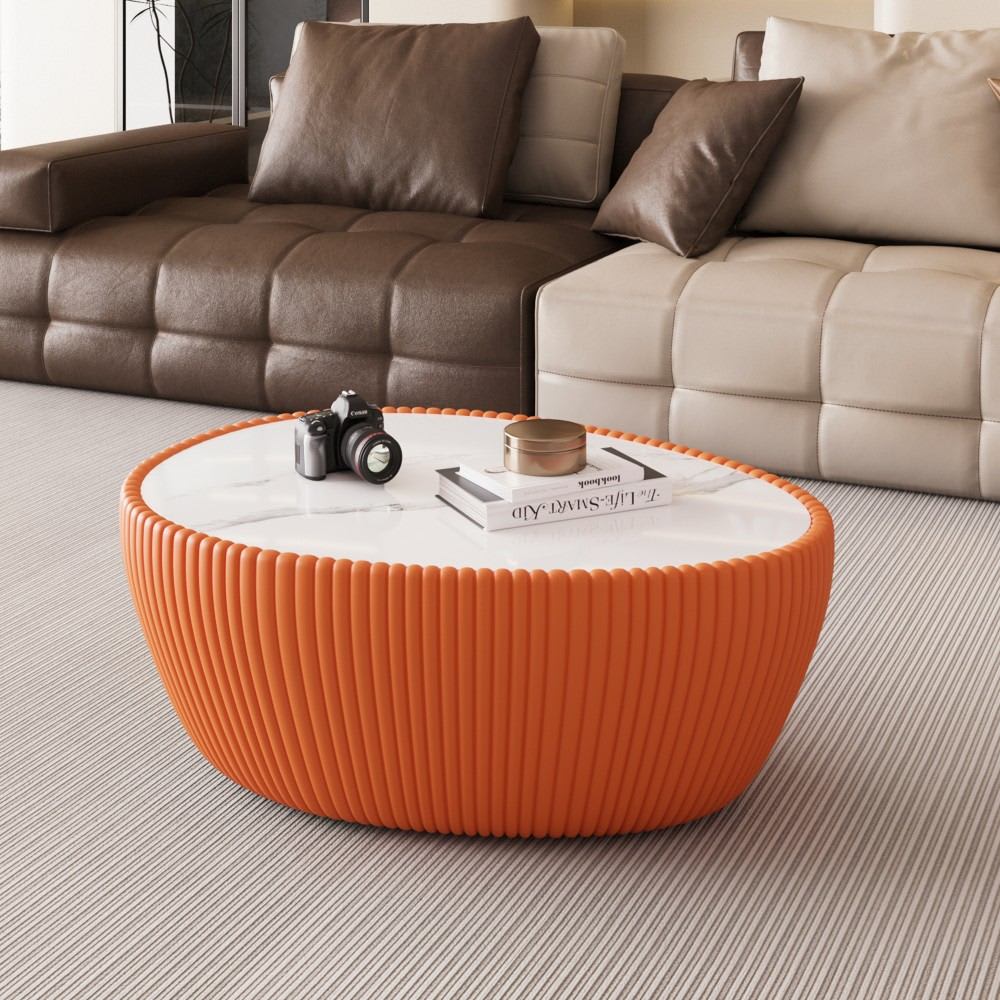 Coolbibila Modern 32 Inch Orange Sintered Stone Oval Coffee Table Faux Leather Fluted Base Cocktail Table