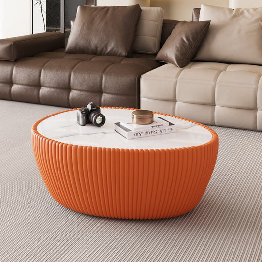 Coolbibila Modern 32 Inch Orange Sintered Stone Oval Coffee Table Faux Leather Fluted Base Cocktail Table