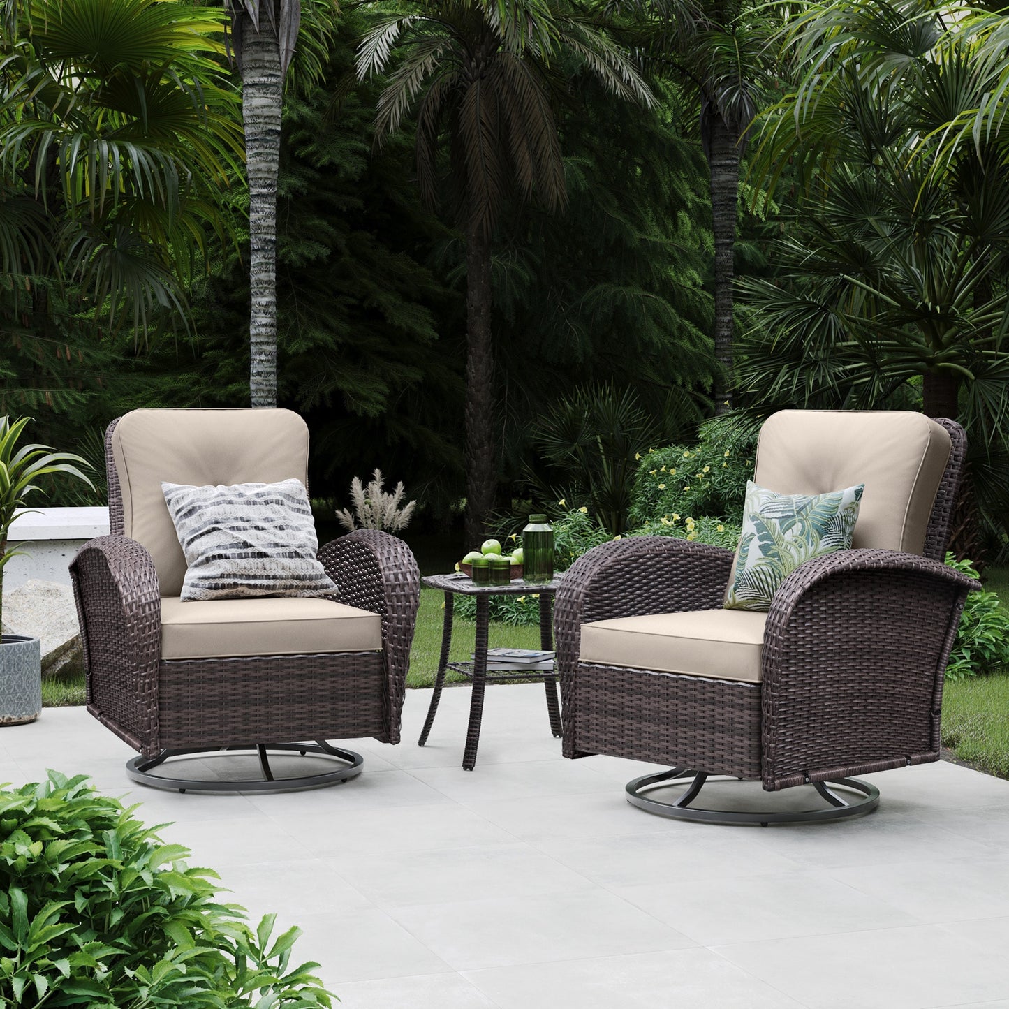 Patio Watcher Rocking Chair 3 -Piece Rattan Patio Conversation Set with Beige Cushions