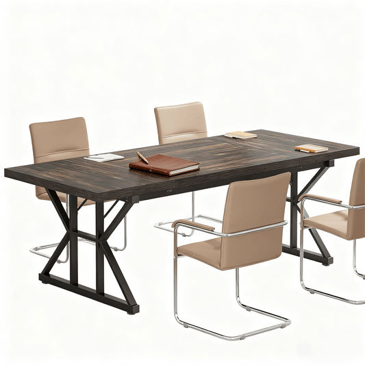 Vynxaria  Home Charm Series Modern Farmhouse Vintage Brown & White Thick Solid Wood 70 in Trestle Base Dining Table Seats 6