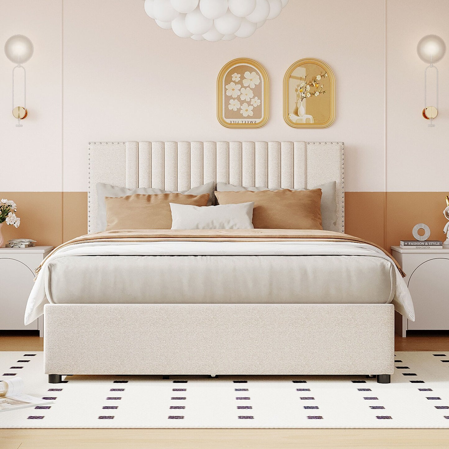 GZMR Full Beige Tufted Trundle Bed Storage with Headboard