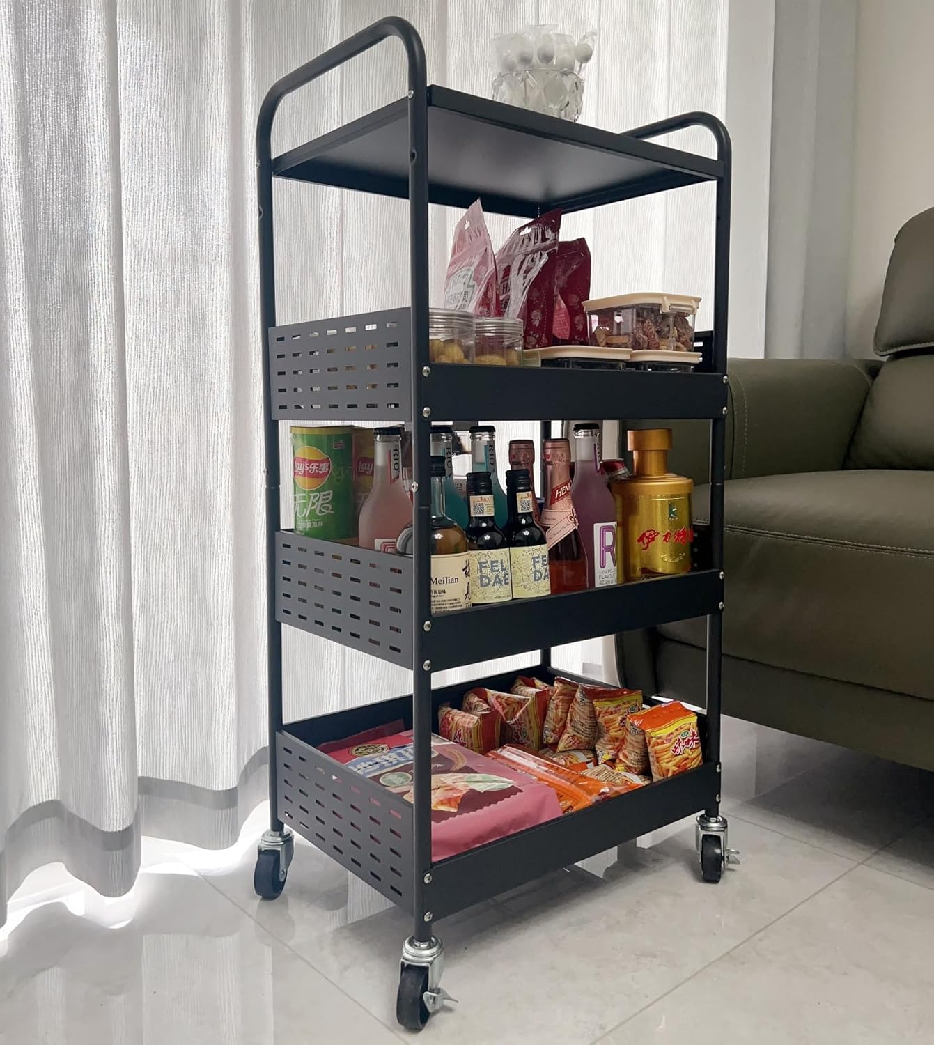 Urhomey plus Stable 4 Tier Rolling Metal Storage Organizer, Heavy Duty Kitchen Rolling Cart, Metal Top Vegetable Storage Cart with Wheels for Kitchen Pantry Utility Use (Black)
