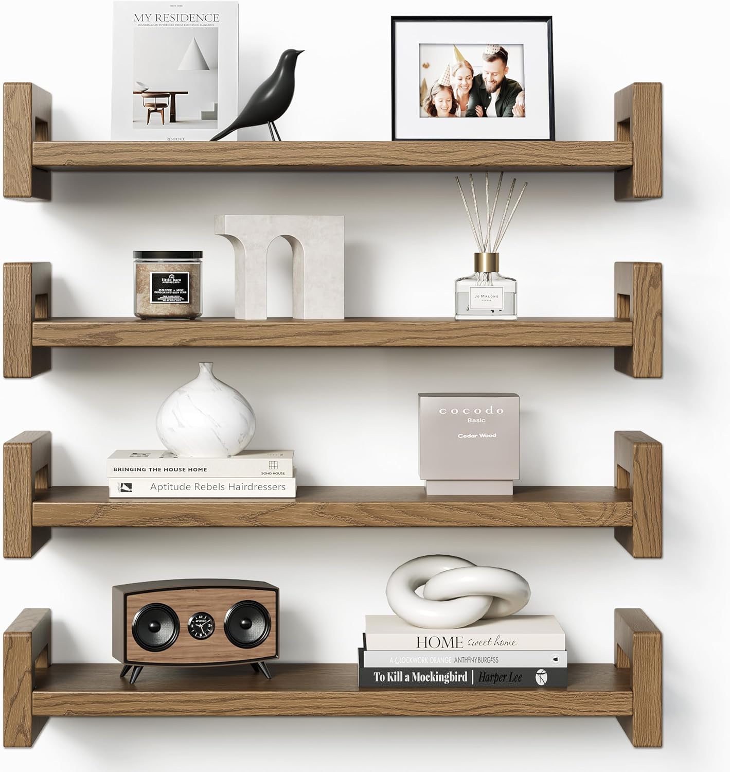 Vailando Floating Shelves for Wall, Set of 4 Solid Wood Wall Mounted Shelves, 16" Rustic Walnut Display Shelf for Bedroom, Living Room, Bathroom, Kitchen \u2013 Strong Load Capacity & Natural Pine