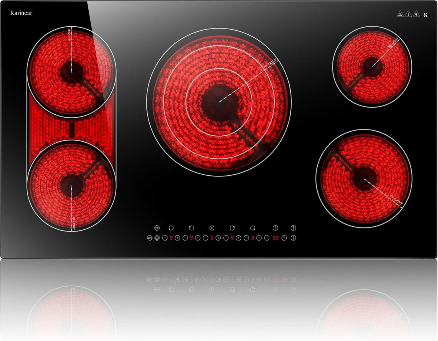 Karinear 36 Inch Electric Cooktop, 5 Burners Electric Stove Top, Flexible Bridge &Triple Ring Expandable Burners, Pause, Timer, Child Safety Lock, 9600W Built-in Ceramic Cooktop for 220-240V Hard Wire