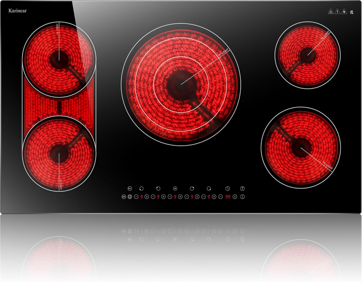 Karinear 36 Inch Electric Cooktop, 5 Burners Electric Stove Top, Flexible Bridge &Triple Ring Expandable Burners, Pause, Timer, Child Safety Lock, 9600W Built-in Ceramic Cooktop for 220-240V Hard Wire