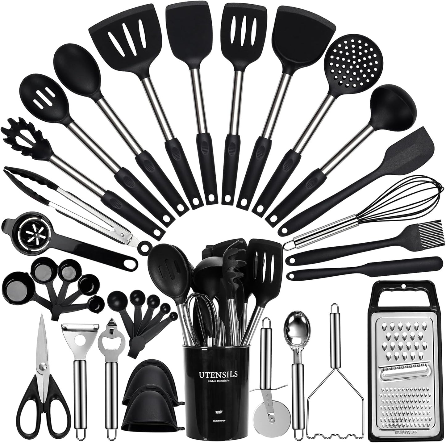 Fyvva Large Cooking Utensils Set, 35 Pcs Kitchen Utensils Set with Holder, Silicone Spatula Set with Stainless Steel Handle, Whisk, Basting Brush, Kitchen Gadgets for Nonstick Cookware (Black)