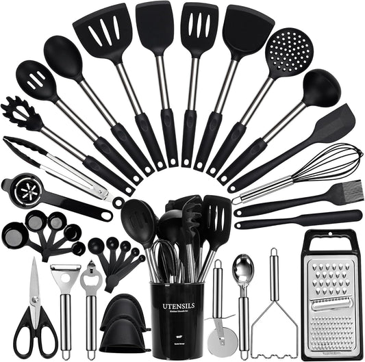 Fyvva Large Cooking Utensils Set, 35 Pcs Kitchen Utensils Set with Holder, Silicone Spatula Set with Stainless Steel Handle, Whisk, Basting Brush, Kitchen Gadgets for Nonstick Cookware (Black)
