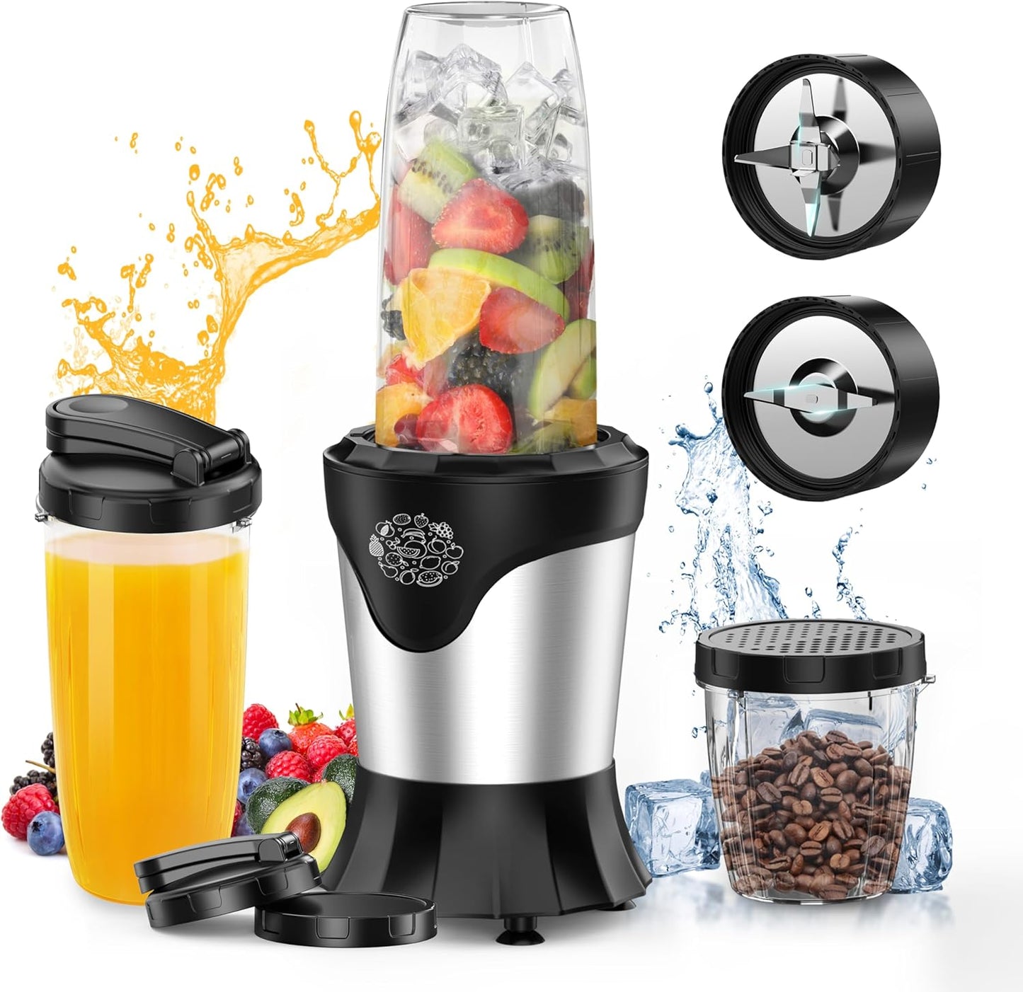 Suavo Smoothie Blender 1100W Portable Personal Blender for Shakes and Smoothies with 2 * 22Oz To-Go Cups & Lids, Includes Portable Coffee Grinder and 10Oz BPA-Free Travel Cup