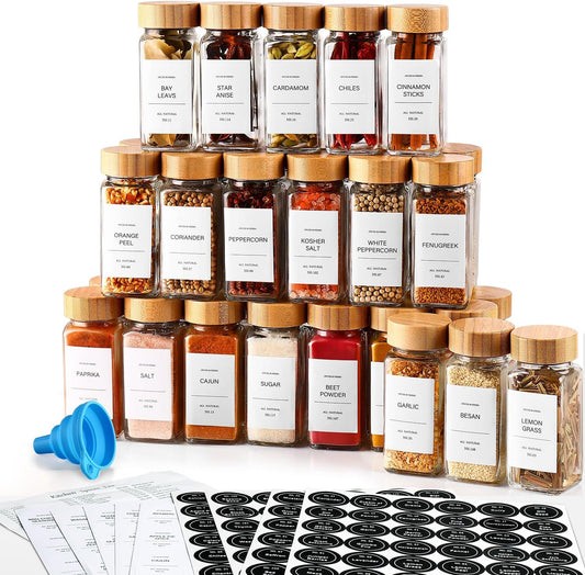DWTS DANWEITESI 36 Pcs Glass Spice Jars - 4oz With Bamboo Lids, Empty Bottles With Labels, Kitchen Spice Jars With Shaker Lids