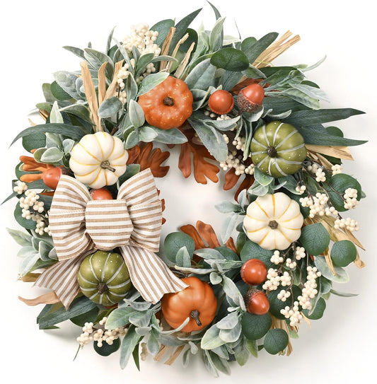 Waipfaru 22in Fall Wreaths for Front Door Outside, Fall Decorations for Home, Large Autumn Wreath with Bow Pumpkin Thanksgiving Halloween Farmhouse Outdoor Porch Table Kitchen Indoor Harvest Decor