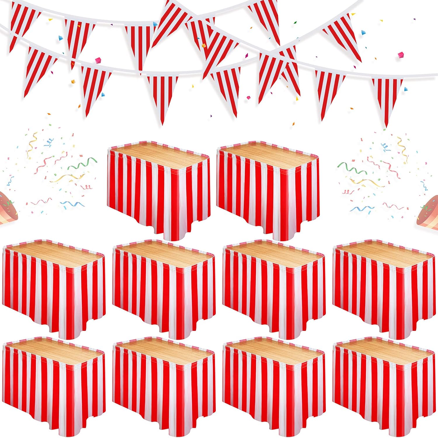 Tegeme 15 Pack Carnival Table Skirt Red and White Striped Table Skirts 165 x 30 Inches Disposable Carnival Tablecloth Decorations with Red and White Striped Pennant, Circus Theme Party Supplies