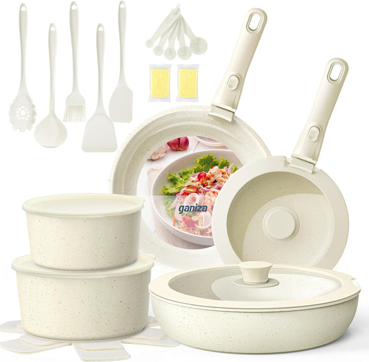 Ganiza 27pcs Nonstick Cookware Set, Pots and Pans Set Non Stick Detachable Handle, Non Toxic Cookware Sets Induction, Pots and Pans with Removable Handles, RV Cooking Set, Oven\/Dishwasher Safe