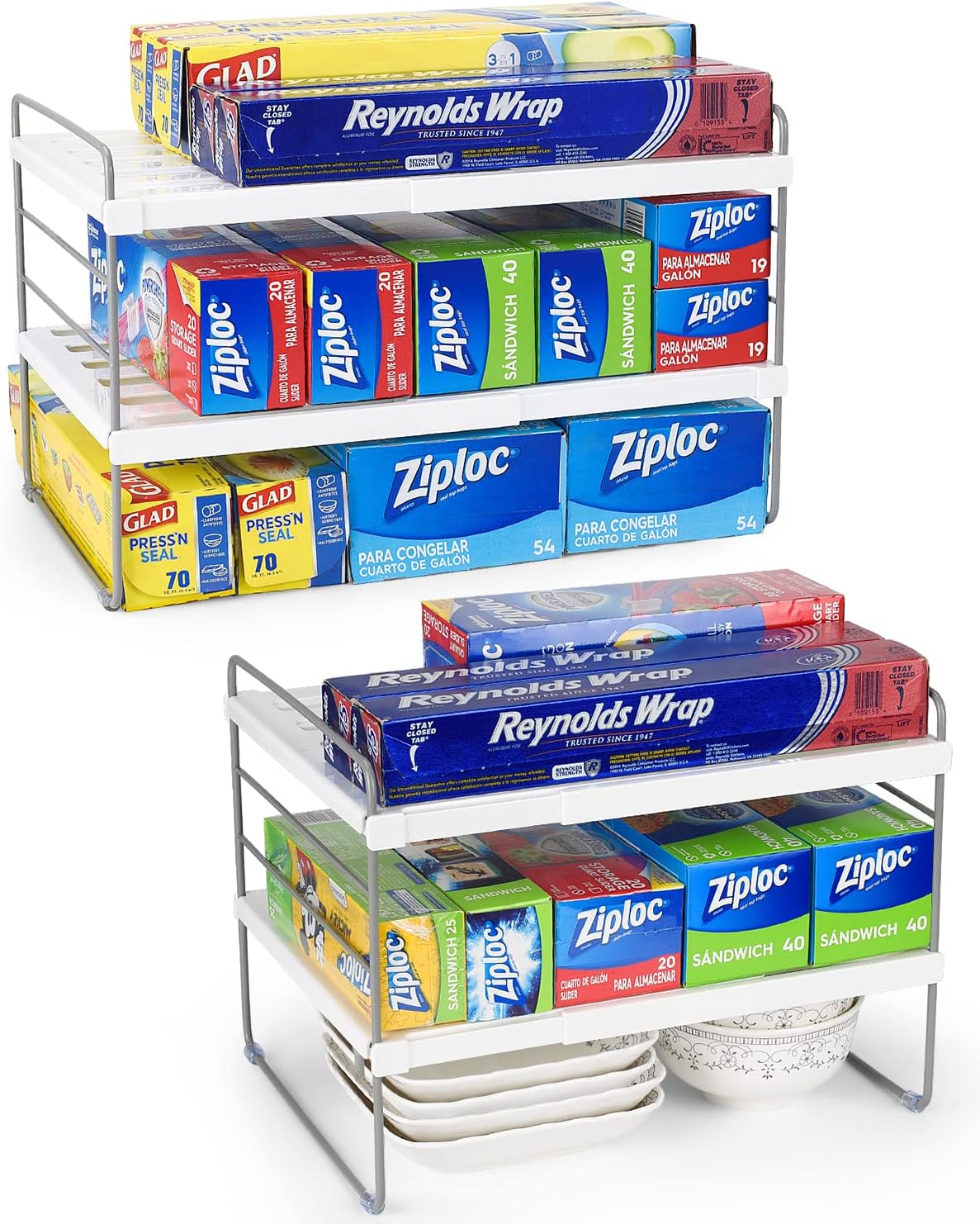 2 Pack Expandable Kitchen Wrap Organizer Rack, Height & Width Adjustable Aluminum Foil and Plastic Wrap Organizer for Pantry, Cabinet Food Wrap Organization and Storage - (3 Tier 9.8 to 15.6"L)