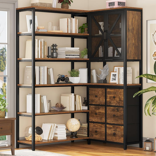 HAUOMS Corner Bookshelf, 6 Tier Industrial Convertible Bookshelf with 6 Fabric Drawers, Corner Bookcase Large L Shaped Storage Display Shelf for Home Office, Living Room, Kitchen, Rustic Brown