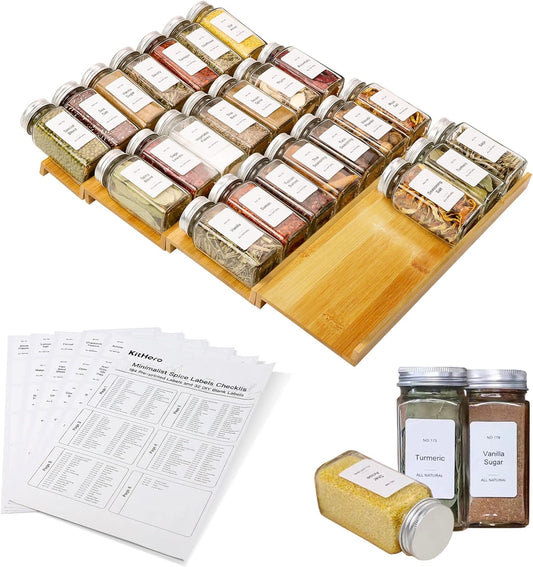 KitHero Spice Drawer Organizer with 24 Spice Jars and 216 Labels,Non-slip Rubber, Bamboo 4 Tier Spice Racks Tray Seasoning Containers for Kitchen Drawers,Cabinets,Countertops,13" Wide * 15.8" Deep
