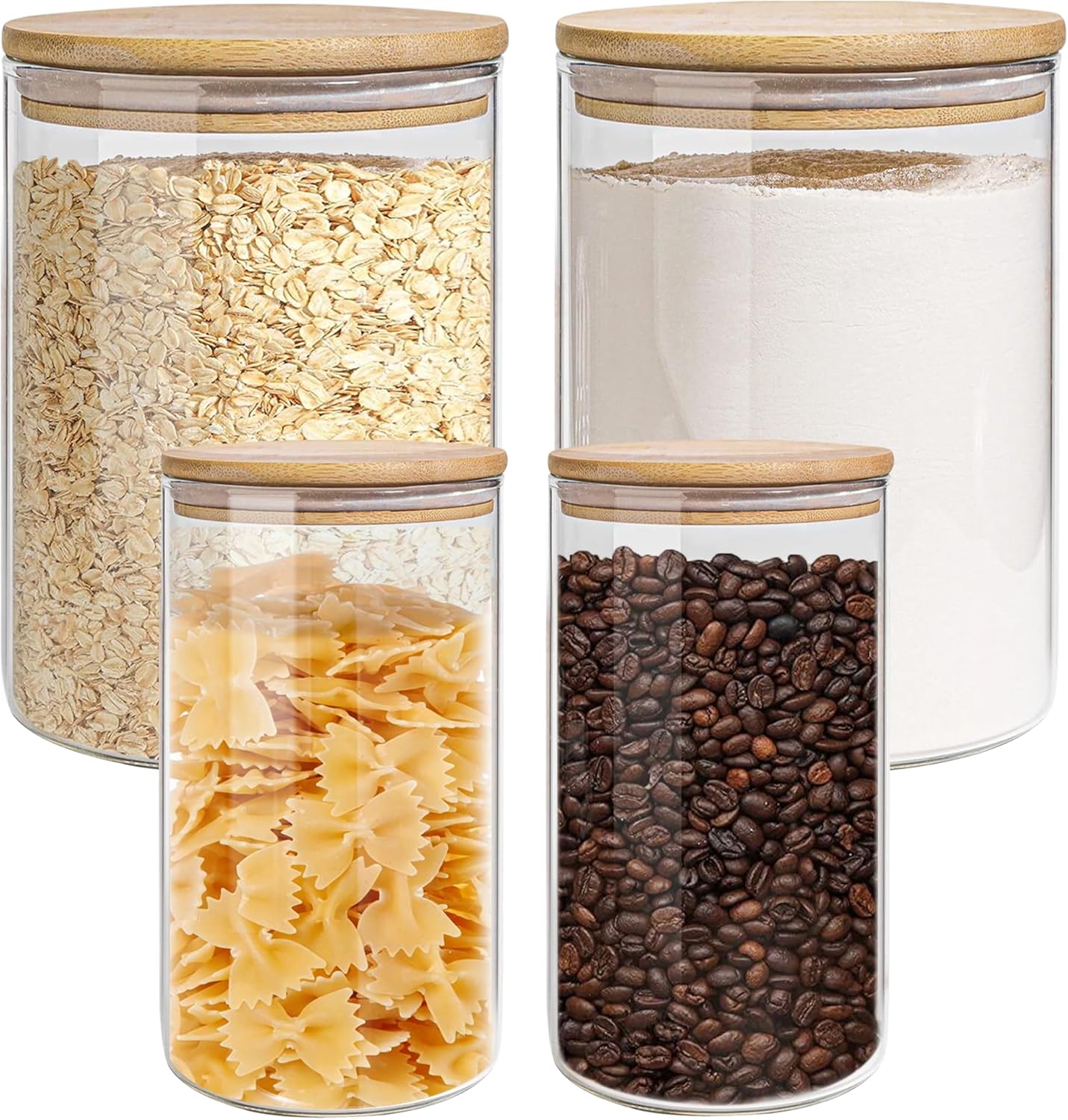 EQEY Glass Storage Jars Set Elegant Containers with Airtight Bamboo Lids, Perfect for Kitchen Organization - Flour, Rice, Pasta, Sugar, Coffee Beans (2 packs(37oz) \/ 2 packs(111oz))