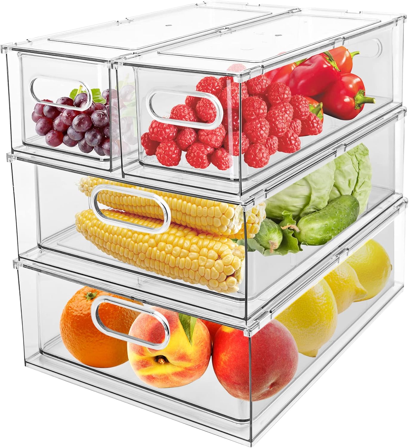 Greenby 4 Pack Refrigerator Organizer Bins with Pull-out Drawer Stackable Clear Fridge Drawer Organizer Fruit Vegetable Storage Containers for Kitchen Pantry Organization (2 Large+2 Small)