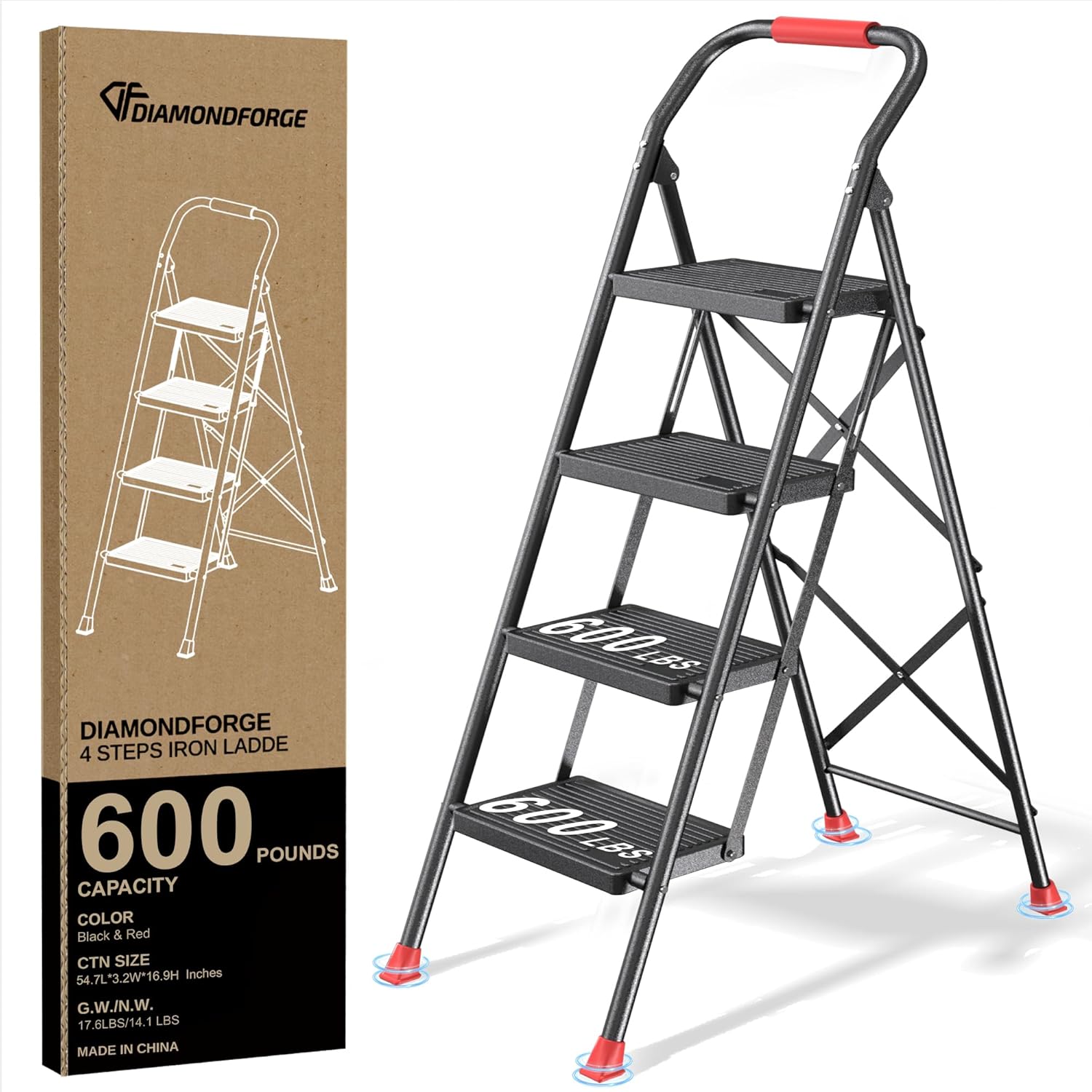 Step Ladder Foldable Folding Stool - for Home Adults Kitchen 4 Stepping Extension Tall Heavy Duty with Handrails - Closet Stepstool Stair Ladders Extendable Stepladder for Indoor House 600Lbs