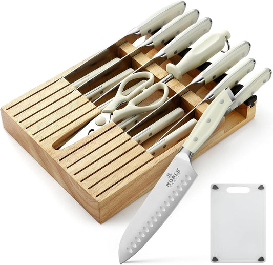 N NOBLE FAMILY In-drawer Knife Block Set, 16PCS Kitchen Knife Set with Wooden Block, Chopping Knives Set, Stainless Steel Knife Block Set, Sharp Cooking Knife Set with Cutting Board, Rust Proof, White