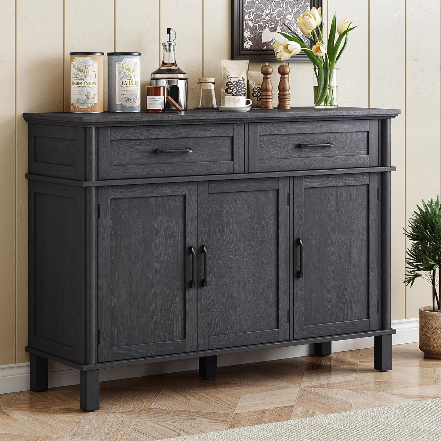 ONBRILL 48 Inches Buffet Cabinet with Storage, Farmhouse Sideboard Buffet w\/2 Drawers and 3 Doors, Wood Coffee Bar Cabinet with Adjustable Shelves, Sideboard Storage for Kitchen, Living Room, Black