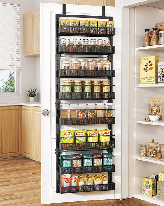Over the Door Pantry Organizer - 8 Tier Adjustable Pantry Door Spice Organizer, Large Capacity Hanging Door Spice Rack for Kitchen Pantry Organizers and Storage (Black, 17"W x 6"D x 69"H)