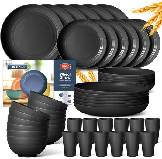 Teivio 48-Piece Kitchen Plastic Wheat Straw Dinnerware Set, Service for 12, Dinner Plates, Dessert Plate, Cereal Bowls, Cups, Unbreakable Outdoor Camping Dishes, Apartment Dinning Essentials,Black