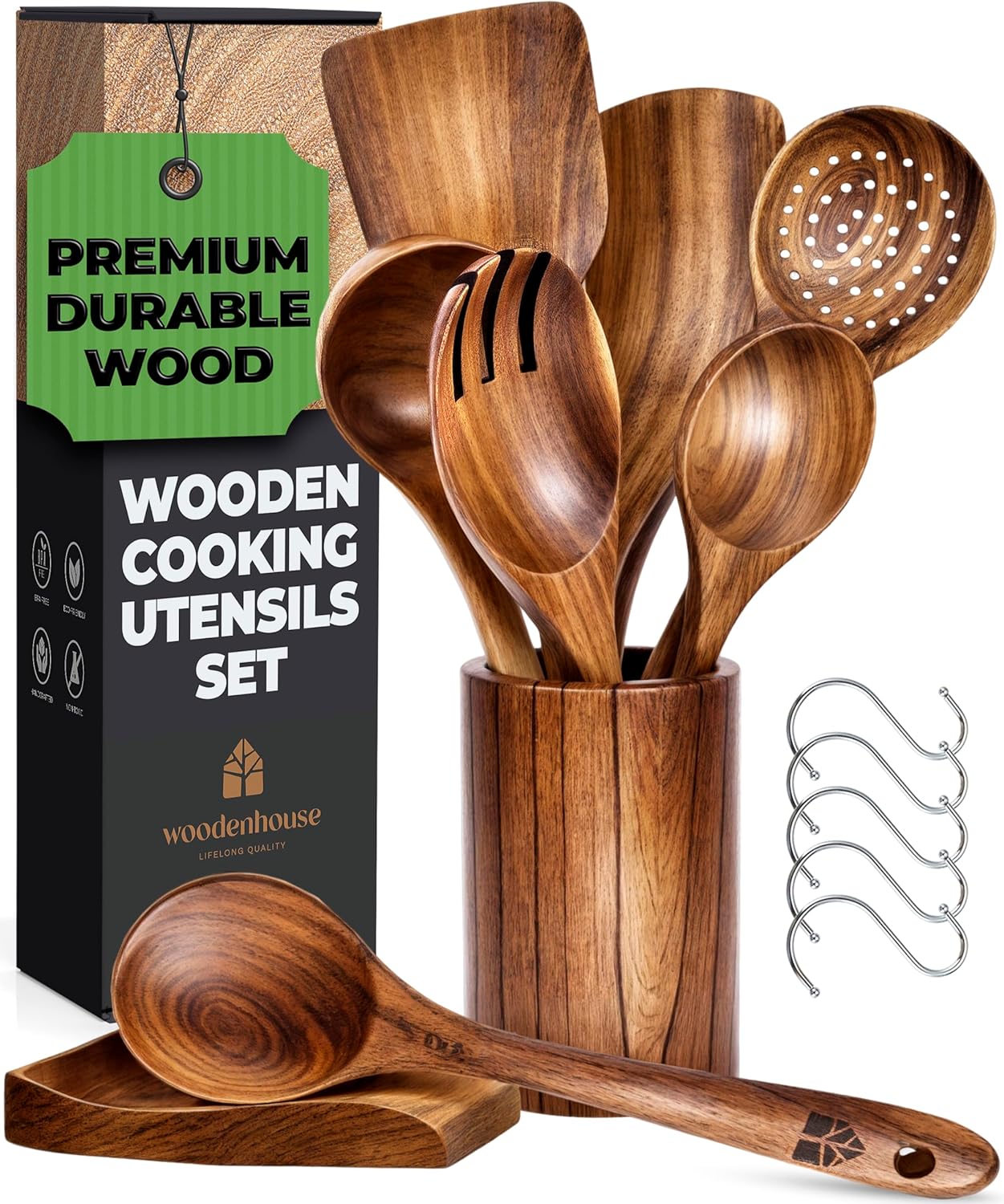 8 Pcs Teak Wooden Utensil Set with Holder, Spoon Rest & 6 Hooks - Durable Wooden Spoons for Cooking with Comfort Grip - Effortless Clean, Non-Stick Friendly