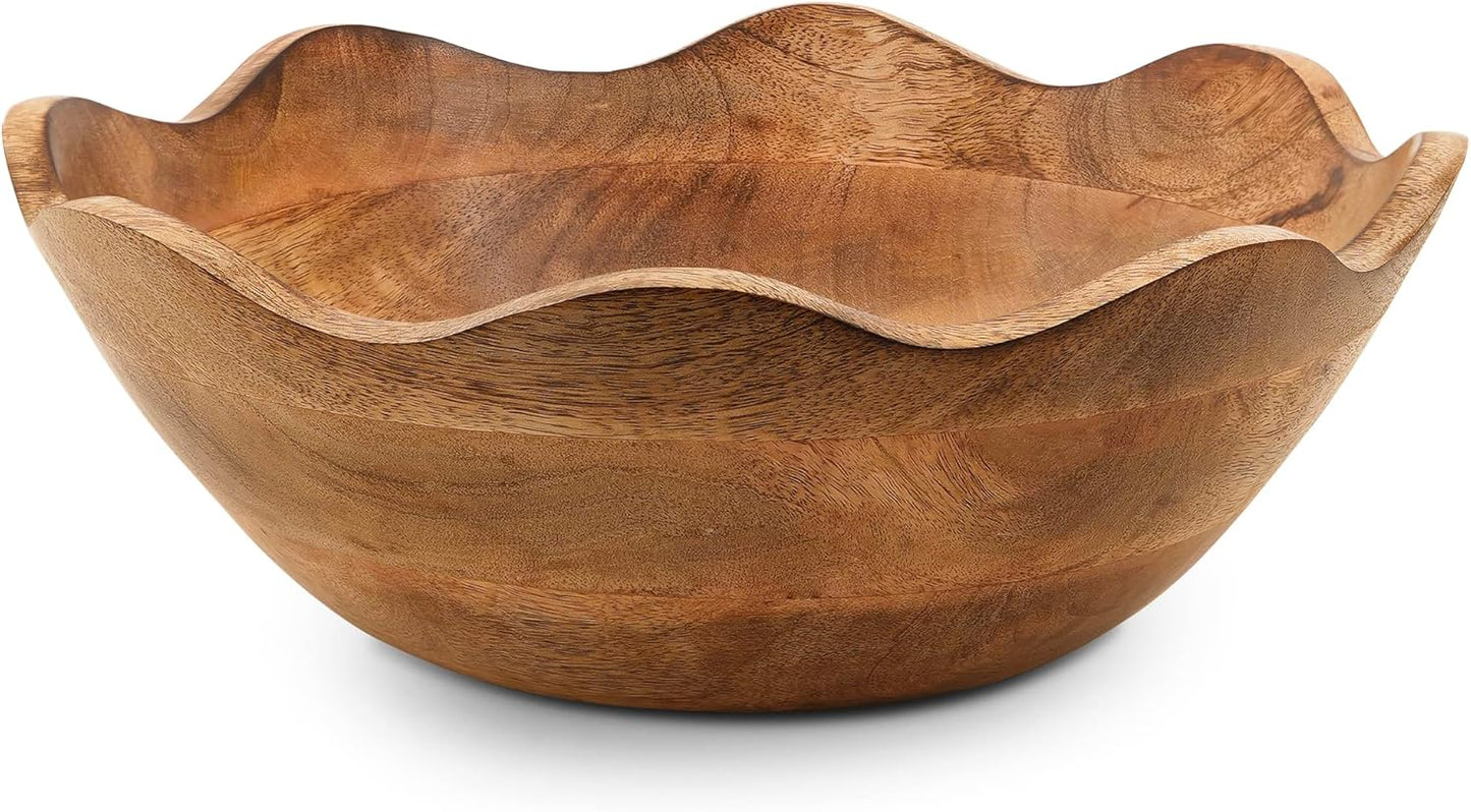 Mela Artisans Wooden Scalloped Bowl - Large | Ruffle Decorative Style | Rustic Kitchen Decor | Mango Wood | Natural Grain Finish | Fits Bread, Fruits, Salad or Popcorn | 12\u201D x 4\u201D x 11\u201D