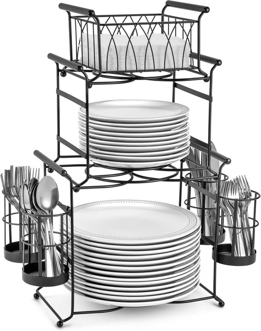 Sorbus® Buffet Caddy \u2014 7-Piece Stackable Set Includes Plate, Napkin, and Silverware Holder, 3-Tier Detachable Tabletop Organizer \u2014 Ideal for Kitchen, Dining, Entertaining, Parties,Thanksgiving (Black)