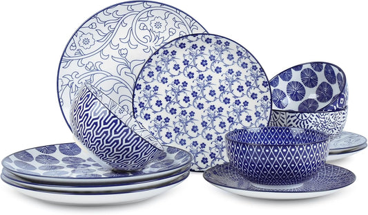 Selamica Ceramic Dinnerware Sets, 12-Pieces Plates and Bowls Sets, Scratch Resistant Dishes set for 4, Dishwasher & Microwave Safe,Vintage Blue