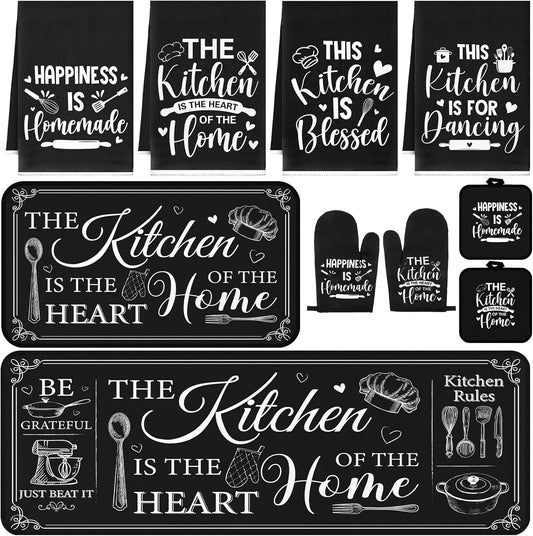 Fourluoo 10 Pcs Farmhouse Kitchen Home Decor Set 4 Kitchen Dish Towels 2 Pot Holders 2 Oven Mitt Rustic Rug and Mat for Cooking Baking Daughter Mom Gift Decor (Black)
