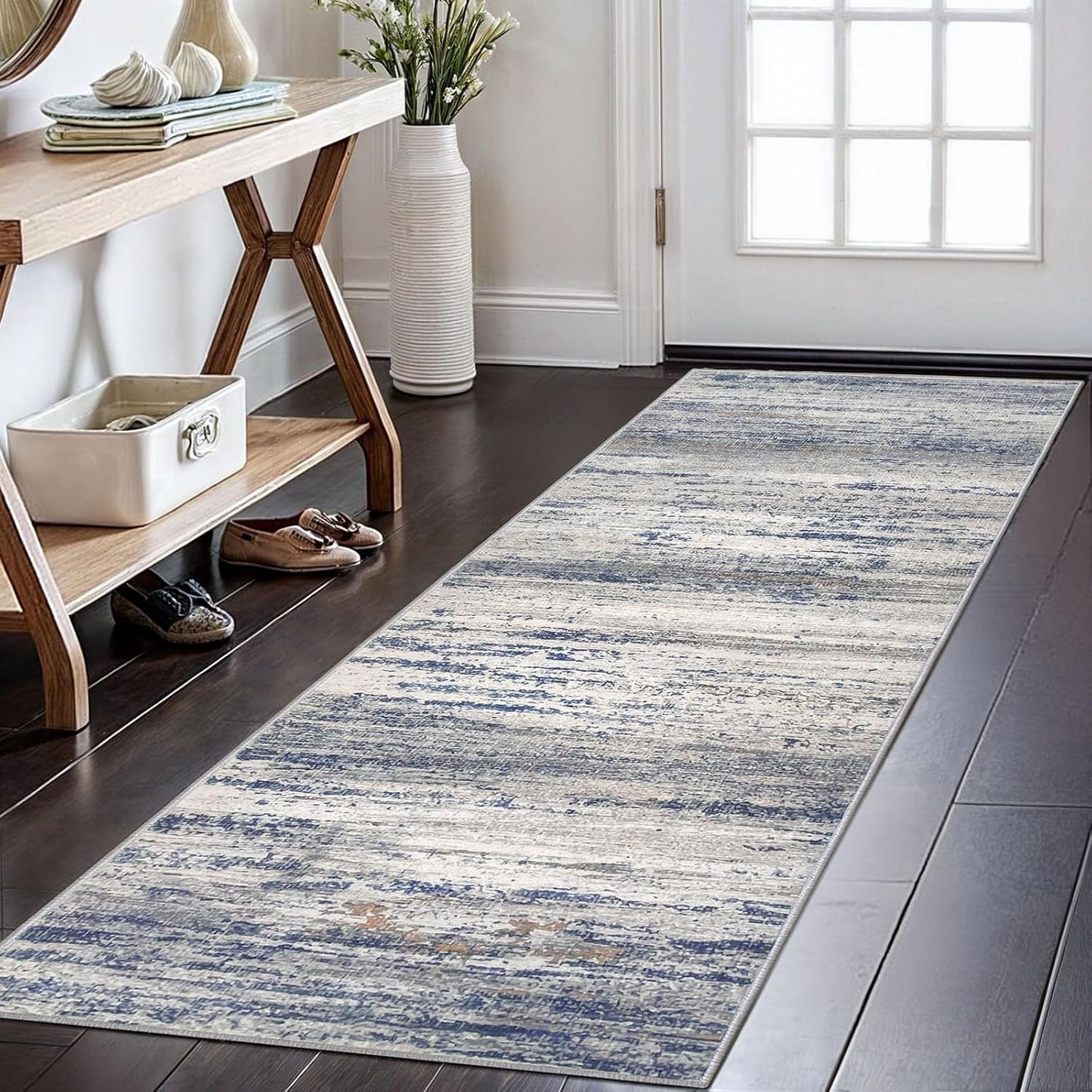 KOZYFLY Modern Abstract Washable Rug Runner 2x6 Runners for Hallways Non-Slip Soft Kitchen Runner Rugs, Print Distressed Grey-Blue Striped Carpet Runner for Entryway Bathroom Laundry Room Foyer