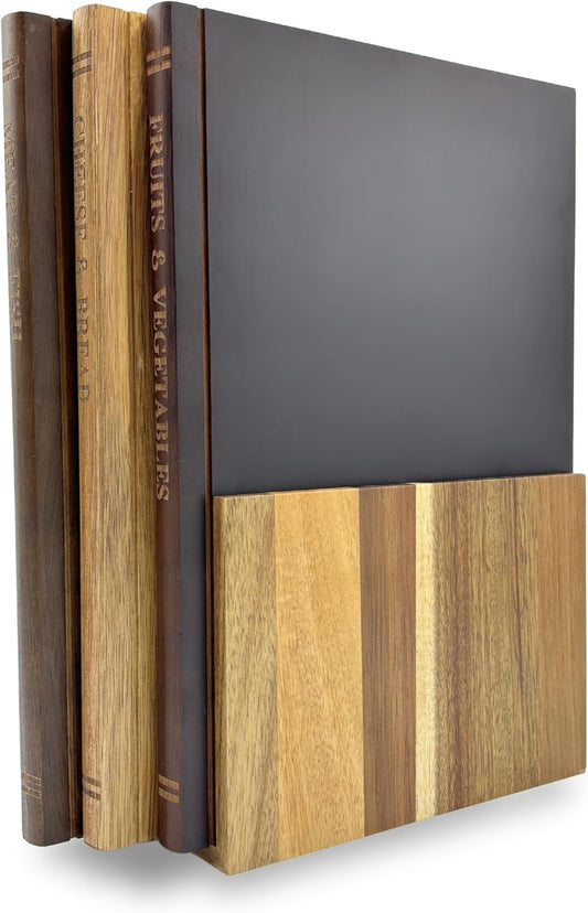 The Cutting Board Library | 100% Acacia Wood | Set of 3 Decorative and Functional Cutting Boards with Wooden Stand | Fruits, Vegetables, Meat, Fish, Cheese and Bread | Statement Piece for Countertop