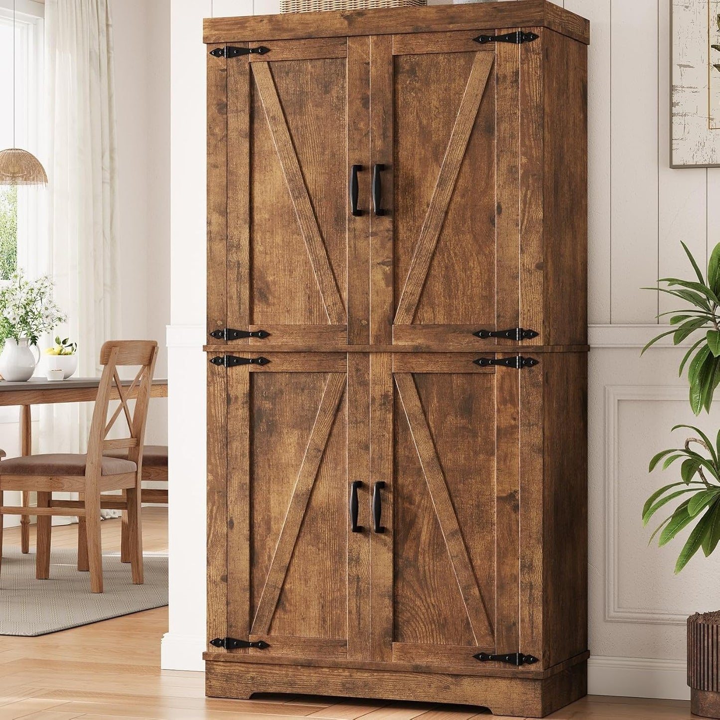 Pantry Cabinet,68'' Kitchen Pantry Storage Cabinet with 4 Doors and Adjustable Shelves, Farmhouse Tall Food Large Wood Pantry Storage Furniture for Kitchen Dining Room,Brown