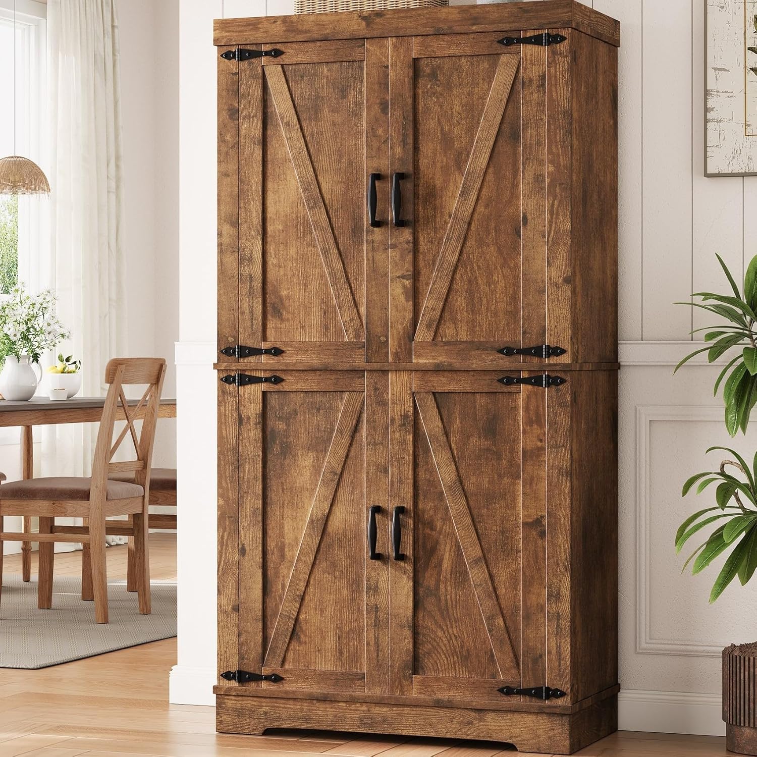 Pantry Cabinet,68'' Kitchen Pantry Storage Cabinet with 4 Doors and Adjustable Shelves, Farmhouse Tall Food Large Wood Pantry Storage Furniture for Kitchen Dining Room,Brown