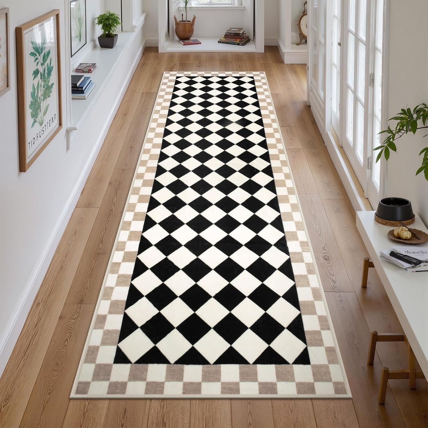 Morebes Checkered Rug Runner for Kitchen, 2x7 Black Washable Runner Rug for Hallway Non-Slip, Checkerboard Soft Indoor Bedroom Carpet Runners for Entryway Bathroom Nursery