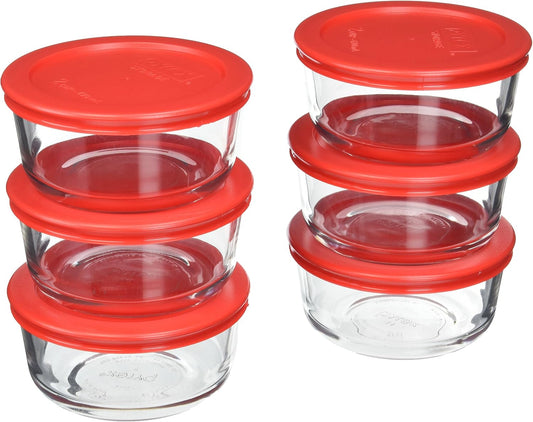Pyrex (6) 7200 2 Cup Glass Bowls & (6) 7200-PC Red Food Storage Replacement Lids - Made in USA