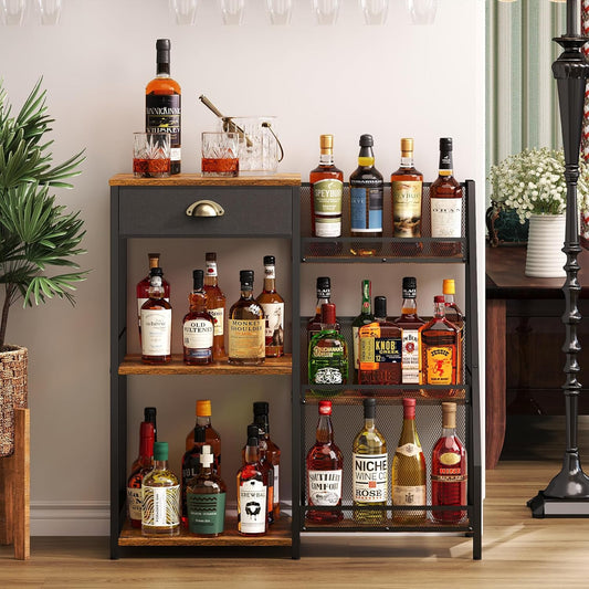 Liquor Cabinet Bar for Home with Drawer, 3-Tier Wine Rack Freestanding Floor and Wine Shelf with Step Design for Whiskey, Spirits, Vintage Mini Bar for Kitchen Apartment