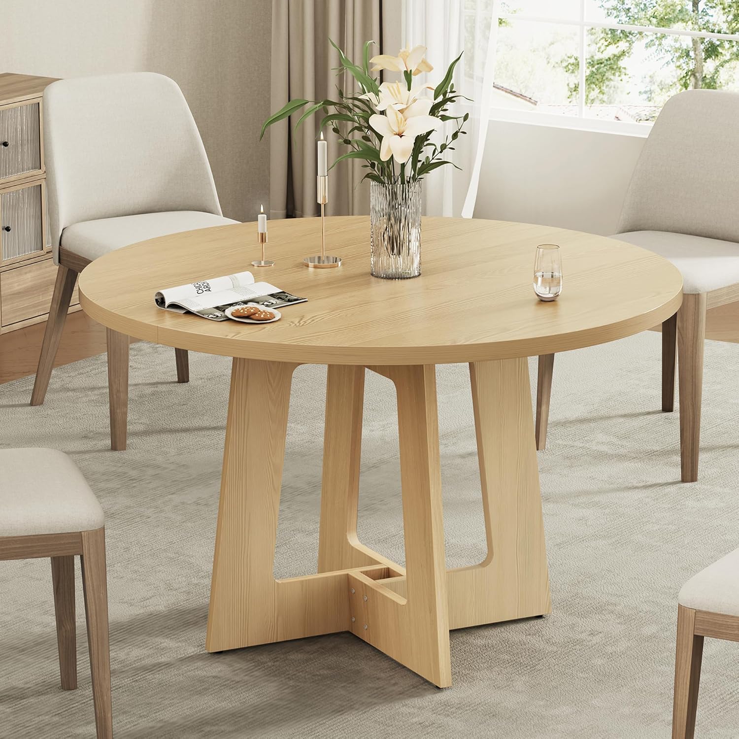 Sanyz Round Dining Table for 4, Farmhouse Kitchen Table, Wooden Circle Table, 300lb Capacity & Easy Assembly for Home Dining Room Kitchen Living Room (Natural Oak)