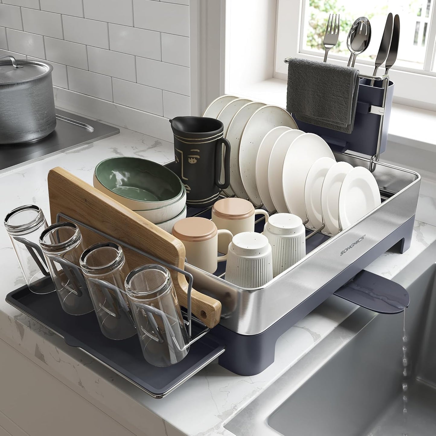 SONGMICS Large Dish Drying Rack, Premium Stainless Steel Dish Rack with Rotatable Spout, Fingerprint-Resistant Dish Drainers for Kitchen Counter, 12.5 x 22.5 in, Silver and Gray UKCS030E01