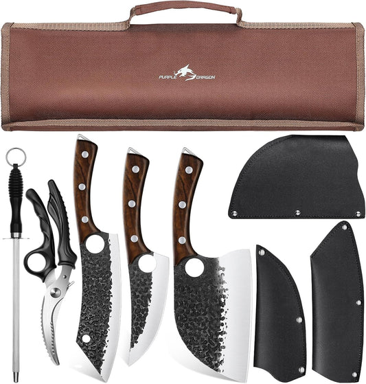 Purple Dragon Butcher Knife Set, 9 Pcs Chef Knife Set - Hand Forged Serbian Chef Knife Meat Cleaver Boning Viking Knives, Kitchen Knives Set with Roll Bag for Home Cooking, Outdoor Camping, BBQ