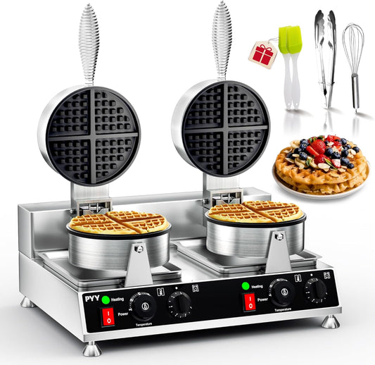 PYY Commercial Waffle Maker - Double-Head Chaffle Maker, 2500W Stainless Steel, Non-stick Electric Machine for Restaurant Party Food Stall