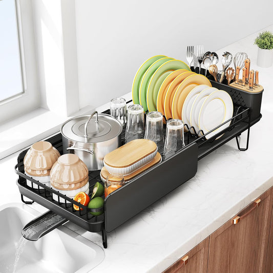 Dish Drying Rack - Large Dish Racks for Kitchen Counter, Expandable Dish Drainers with Cutlery Holder Stainless Steel Rustproof, Black